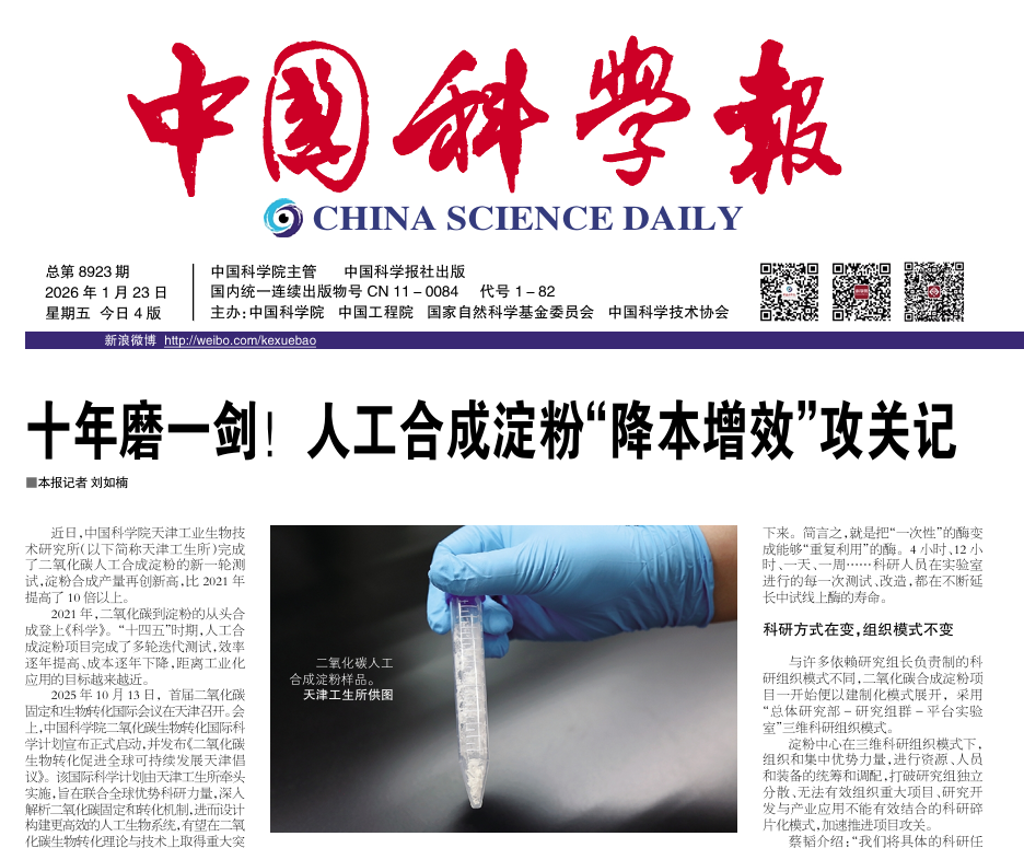 【中国科学报】十年磨一剑！人工合成淀粉“降本增效”攻关记